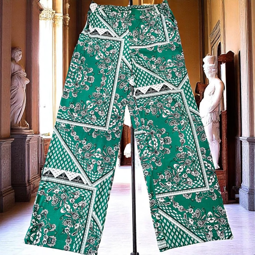 Women's Green All Over Print Wide Leg Medium Boho Trousers Pants Slash Pockets